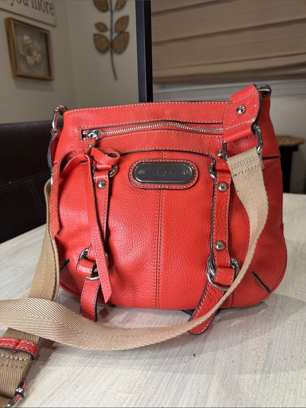 Vintage Y2K Franco Sarto Coral Red Pebbled Leather Crossbody with Tan Strap